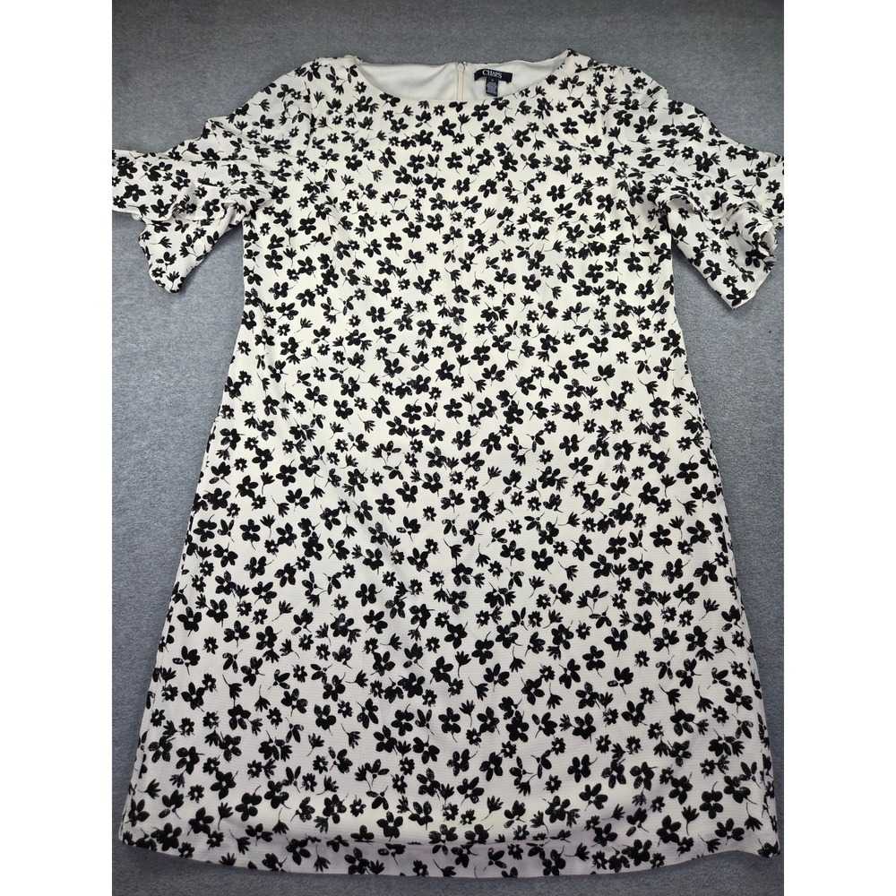 Chaps Womens Floral Shift Dress Size 16 Black White Flutter Sleeve Classic